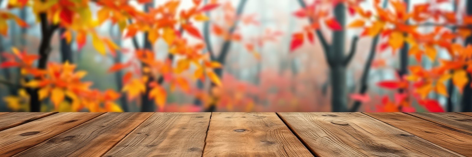 Autumn leaves create a vibrant backdrop for a wooden tabletop in a peaceful outdoor setting